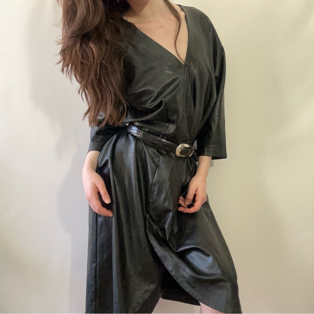 80’s Vintage Black Faux Leather Assymetric Dress